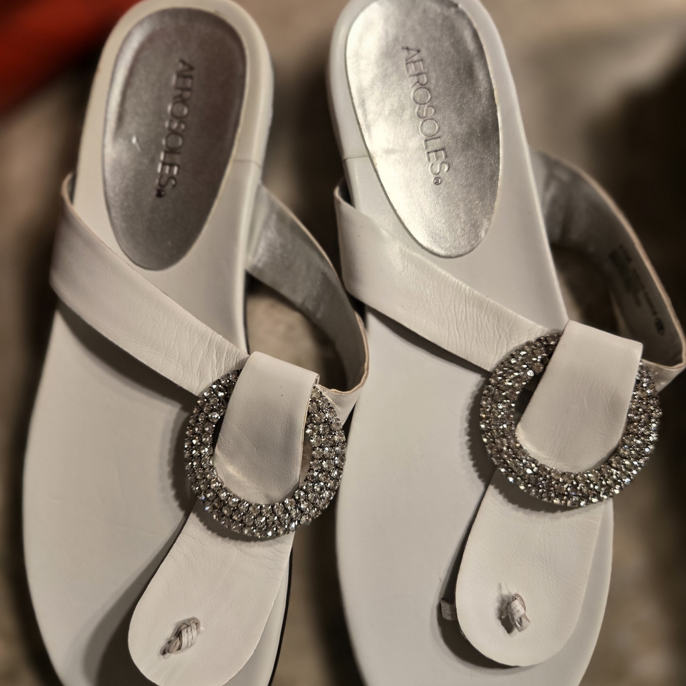 Aerosoles White Sandals with Rhinestone Detail